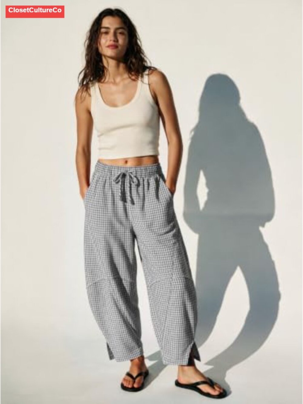 Womens Linen Gingham Barrel Pants Drawstring Casual Trousers - Picture 3 of 6